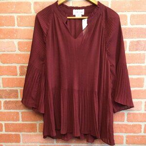 Lili’s Closet cosmo pleated blouse women’s size 2x burgundy red long sleeve boho